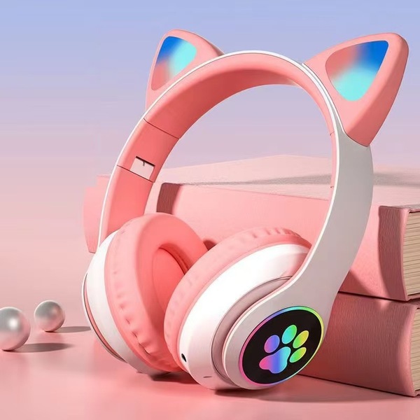 STN28 luminous pink cat headphones ear Bluetooth with LED lights and cushioned ear cups